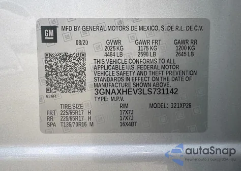 2020 Chevrolet Equinox Ls z USA, uszkodzony, nr VIN 3GNAXHEV3LS731142